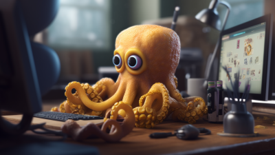 Image generated by Midjourney. Prompt: 'An octopus in minions style working at a computer workstation.'