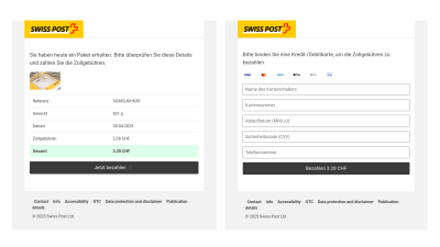 Two screenshots next to each other depicting a fake payment portal of Swiss Post to phish for credit card details.