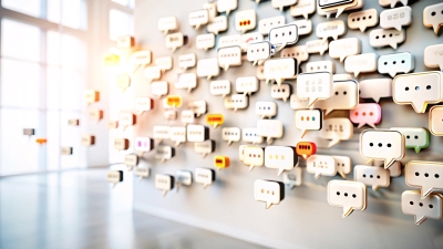 Floating Speech Bubbles. A visually striking collection of white speech bubbles suspended in a soft, neutral background, symbolizing communication and dialogue in a modern digital context.