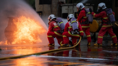 Firefighters use a water hose to suppress a fire during emergency response training.