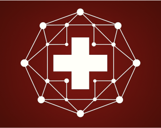 A white Swiss cross on red background with a protective network around it.
