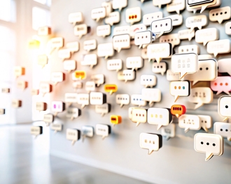 Floating Speech Bubbles. A visually striking collection of white speech bubbles suspended in a soft, neutral background, symbolizing communication and dialogue in a modern digital context.