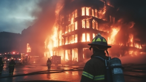 Firefighters extinguishing a building fire.