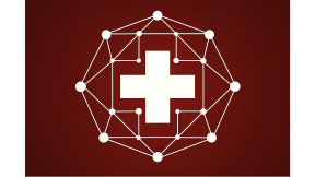 A white Swiss cross on red background with a protective network around it.